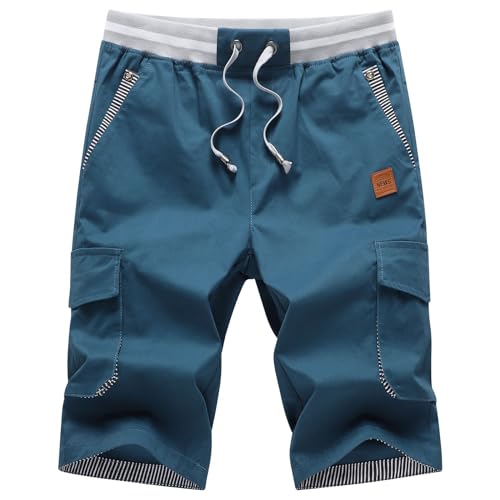 ZOXOZ Kurze Hosen Herren Cargo Shorts Sommer Freizeit Shorts Chino Kurze Hose Herren Baumwolle Multi-Taschen mit Tunnelzug Pfauenblau 3XL von ZOXOZ