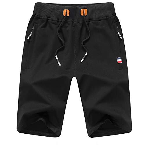 ZOXOZ Kurze Hosen Herren Shorts Sommer Jogginghose Kurz Baumwolle Gym Sweat Sport Fitness Shorts mit Reißverschluss Elastische Taille Schwarz L von ZOXOZ