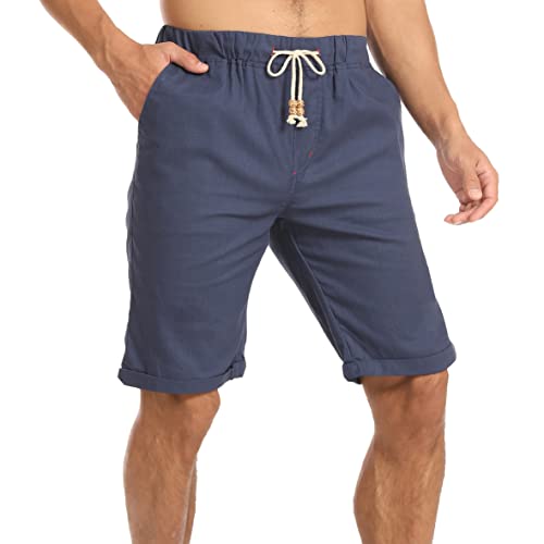 ZOXOZ Kurze Hosen Herren Shorts mit Gummizug Sommer Leichte Leinen Baumwolle Dark Blau L von ZOXOZ