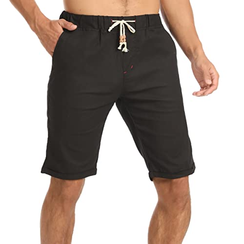 ZOXOZ Kurze Hosen Herren Shorts mit Gummizug Sommer Leichte Leinen Baumwolle Schwarz L von ZOXOZ