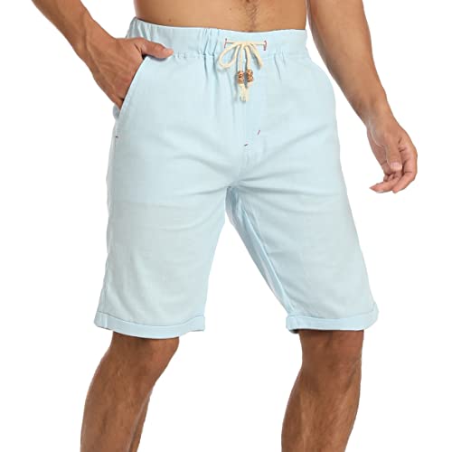 ZOXOZ Kurze Hosen Herren Shorts mit Gummizug Sommer Leichte Leinen Baumwolle Sky BLau XL von ZOXOZ