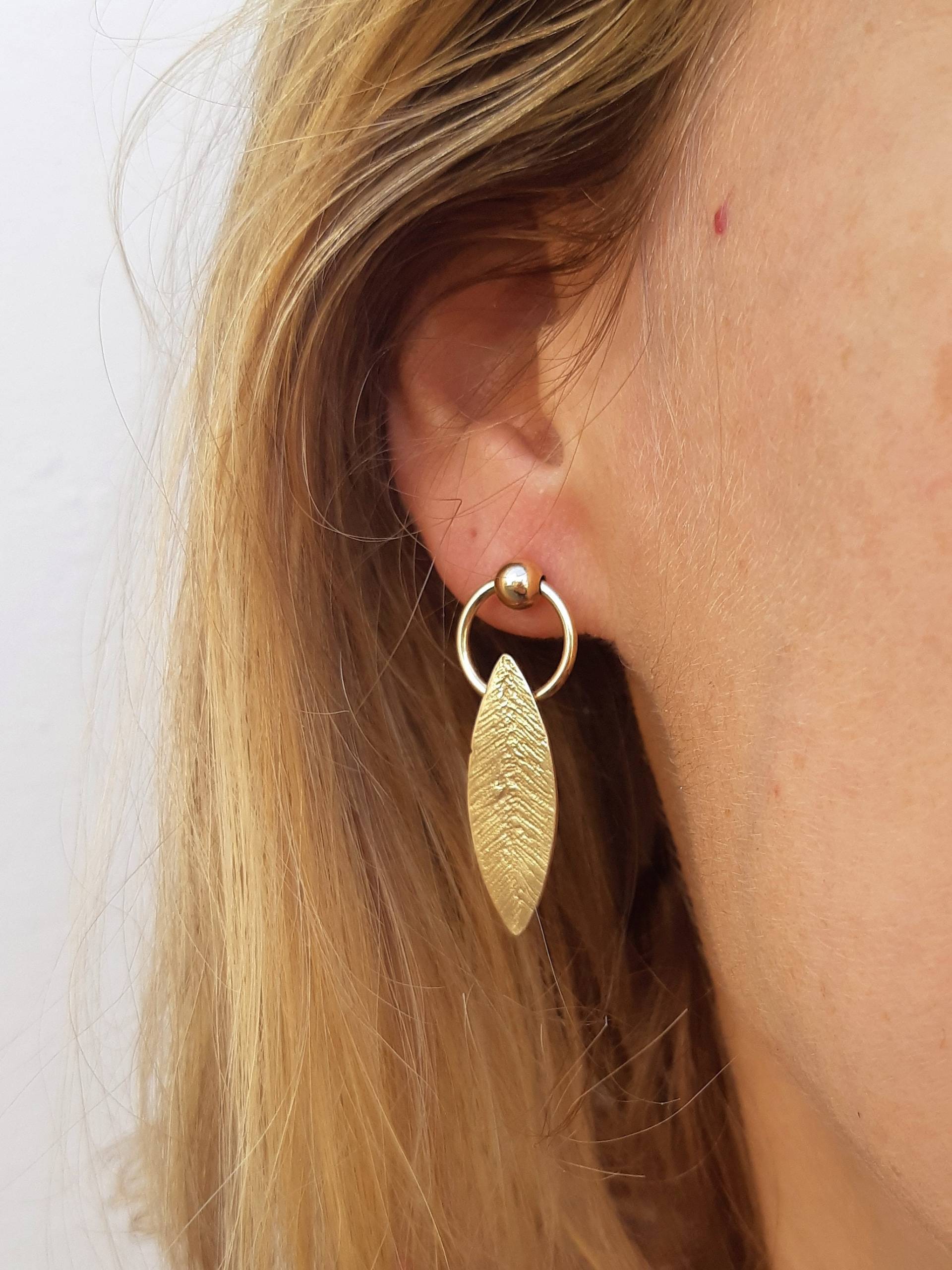 14K Gold Blatt Ohrringe, Massiv Schmuck, Ohrstecker, Tropfen Natur Schmuck von ZOZiJewelry