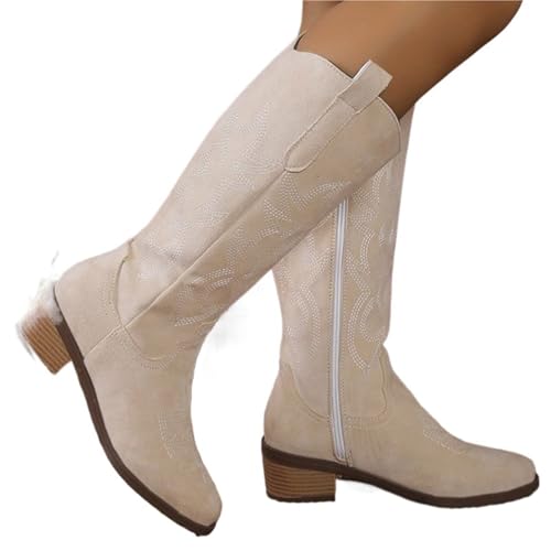 Cowboystiefel Damen Frauen Cowboy Kniehohe Stiefel for Frauen Mid Heels Wanderschuhe Fashion Zipper Chunky Stiefel Pumps Punk High Botas(Beige,41) von ZPFDSG