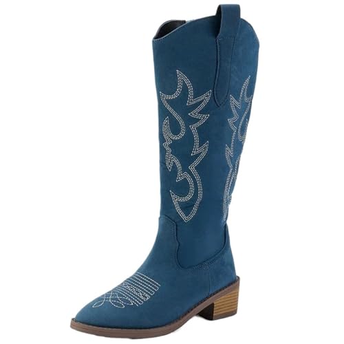 Cowboystiefel Damen Frauen Cowboy Kniehohe Stiefel for Frauen Mid Heels Wanderschuhe Fashion Zipper Chunky Stiefel Pumps Punk High Botas(Blue,42) von ZPFDSG