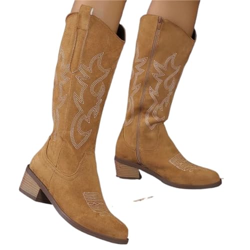 Cowboystiefel Damen Frauen Cowboy Kniehohe Stiefel for Frauen Mid Heels Wanderschuhe Fashion Zipper Chunky Stiefel Pumps Punk High Botas(Brown,41) von ZPFDSG