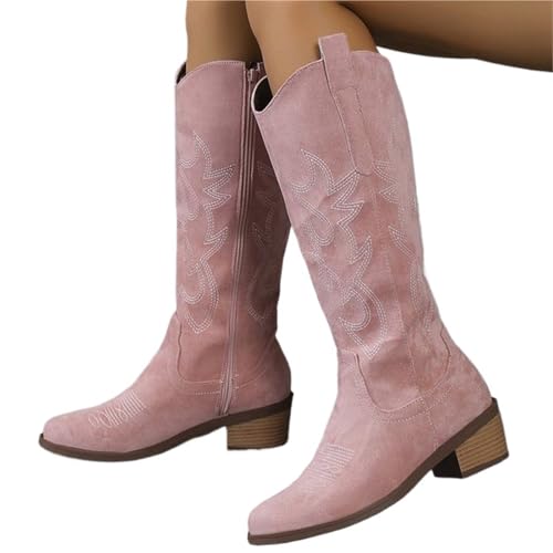 Cowboystiefel Damen Frauen Cowboy Kniehohe Stiefel for Frauen Mid Heels Wanderschuhe Fashion Zipper Chunky Stiefel Pumps Punk High Botas(Pink,39) von ZPFDSG