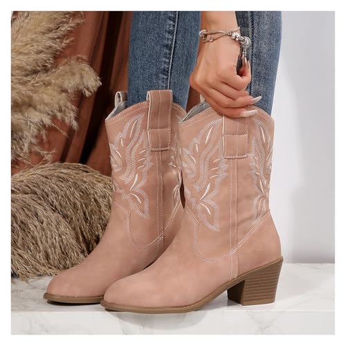 ZPFDSG Cowboystiefel Damen Damenstiefel Mode Klassischer Spitzschuh Absatz Stiefeletten Damen Lässig Einfache Bequeme Cowboyschuhe Damen(Pink,39) von ZPFDSG