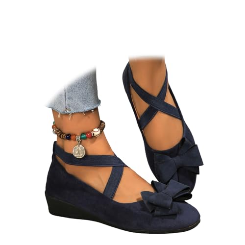 Bequeme Damen-Slipper, elastisch, überkreuzte Riemen, Keilabsatz, Ballerina, Knöchel, elastisch, überkreuzte Riemen, runde Zehen, bequeme Pumps, Bow Blue, 41 EU von ZPLMIDE