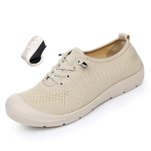 Damen Atmungsaktive Leichte Slip-on Sneaker Orthopädische Turnschuhe Weiche Sohle Mesh Bootsschuhe Lässige rutschfeste Walkingschuhe für Mutter, beige, 0 UK von ZPLMIDE