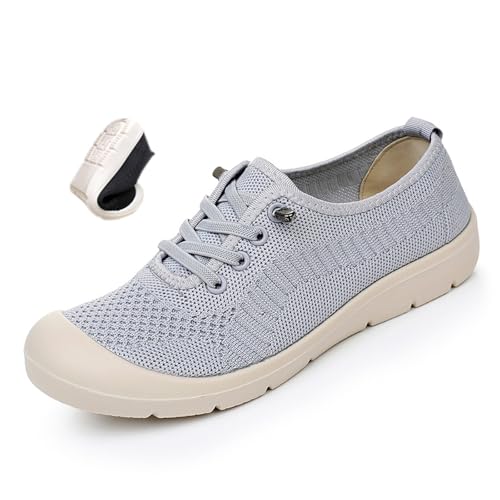 Damen Atmungsaktive Leichte Slip-on Sneaker Orthopädische Turnschuhe Weiche Sohle Mesh Bootsschuhe Lässige rutschfeste Walkingschuhe für Mutter, grau, 0 UK von ZPLMIDE