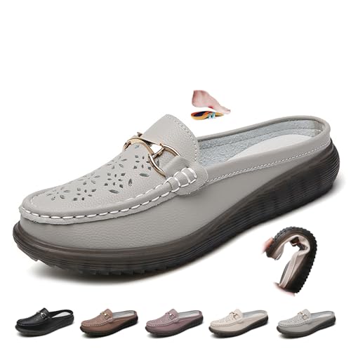Damen-Clogs, Leder, geschlossene Zehen, atmungsaktiv, flache Ledersandalen, Halbschuhe, Mokassins, rückenfreie Loafers, grau, 0 UK Wide Damen-Clogs, Leder, geschlossene Zehen, atmungsaktiv, flache Ledersandalen, Halbschuhe, Mokassins, rückenfreie Loafers, grau, 0 UK Wide von ZPLMIDE