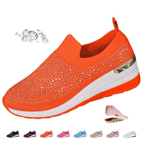 Damen Glitzer Strass Mode Atmungsaktiv Wedge Sneaker Casual Wedge Diamant Slip On Sneaker Sparkly Plateau Sneaker, Orange, 0 UK Wide von ZPLMIDE