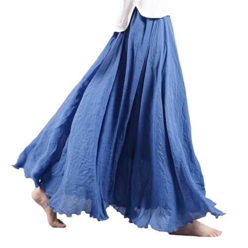 Damen Leinen Langer Rock Mode A-Linie Leinenrock Damen Kleidung Leinen Maxirock Langer Faltenrock Flowy Maxirock Strandrock, blau, 95 cm/37.4 in von ZPLMIDE