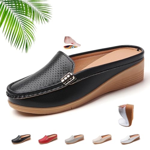 Damen Slip-On Leder Pantoletten Pantoletten Schuhe für Frauen Slip-on Weiche Echtleder Clogs Slipper Mokassins Damen Rückenfrei Loafer, Schwarz , 0 UK von ZPLMIDE