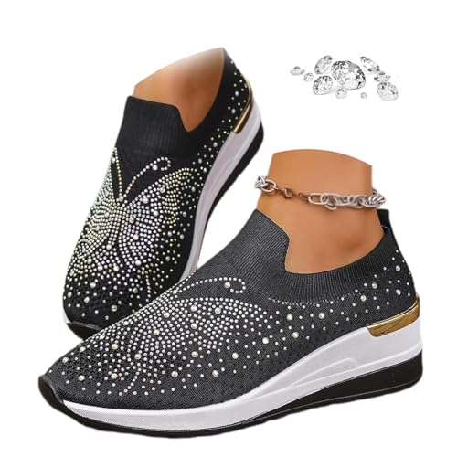 Damen Strass Dekor Plateau Sneakers Slip-On Outdoor Schuhe, Schwarz , 0 UK Wide Damen Strass Dekor Plateau Sneakers Slip-On Outdoor Schuhe, Schwarz , 0 UK Wide von ZPLMIDE