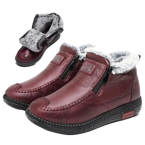 Damen Wasserdicht Schneestiefel mit Fleecefutter Winter rutschfeste Thermo Stiefeletten mit Frontreißverschluss Weite Warme Wanderschuhe, burgunderfarben, 0 UK von ZPLMIDE