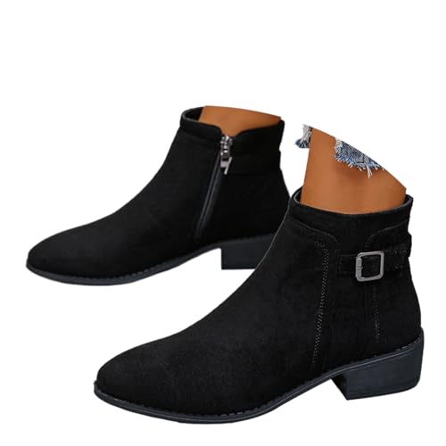 Damen Wildleder Stiefeletten mit Reißverschluss Spitz Zehen Chunky Heel Outdoor Stiefel Block Low Heel Kurzer Stiefel Casual Damenschuhe, Schwarz , 0 UK von ZPLMIDE