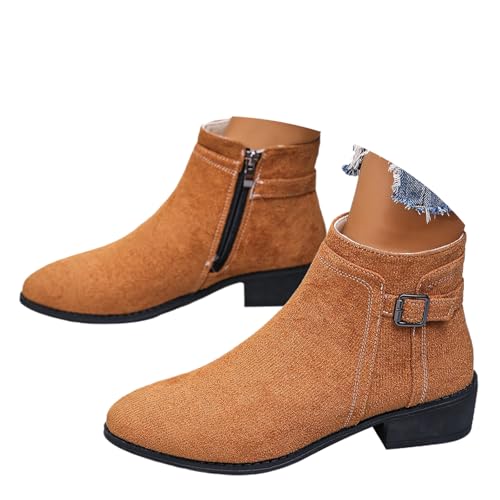 Damen Wildleder Stiefeletten mit Reißverschluss Spitz Zehen Chunky Heel Outdoor Stiefel Block Low Heel Kurzer Stiefel Casual Damenschuhe, braun, 0 UK von ZPLMIDE