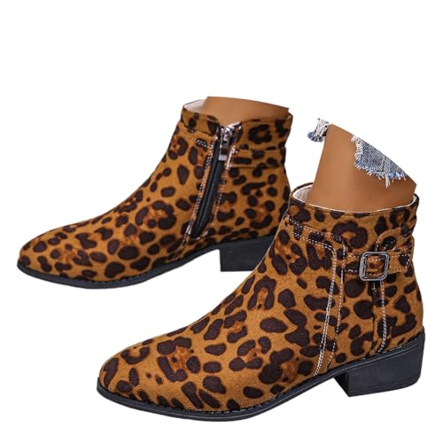 Damen Wildleder Stiefeletten mit Reißverschluss Spitz Zehen Chunky Heel Outdoor Stiefel Block Low Heel Kurzer Stiefel Casual Damenschuhe, leopard, 0 UK von ZPLMIDE