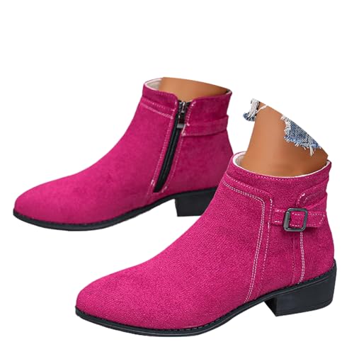 Damen Wildleder Stiefeletten mit Reißverschluss Spitz Zehen Chunky Heel Outdoor Stiefel Block Low Heel Kurzer Stiefel Casual Damenschuhe, rose, 0 UK von ZPLMIDE