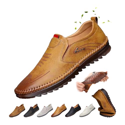 Herren Casual Sommer Atmungsaktive Weiche Loafers Schuhe Rutschfeste Leder Turnschuhe Hollow Loafer Leichte Slip-on Walking Schuhe, braun, 43 EU von ZPLMIDE