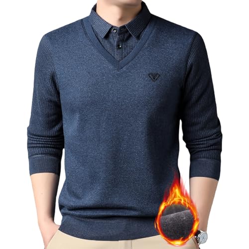 Herren Fake-Zweiteiliger Strickpullover Shirt, Herren Warm V-Ausschnitt Revers Slim Fit Casual Weich Warm Pullover für Papa Männer, Blau (dick), 170/L(60-67kg) von ZPLMIDE