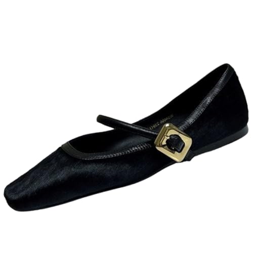 Mary Jane Ballerinas für Damen, Leopardenmuster, Wildlederimitat, Goldschnalle, klassische Ballerinas, quadratische Zehenpartie, für den täglichen Gebrauch, Schwarz , 40 EU von ZPLMIDE