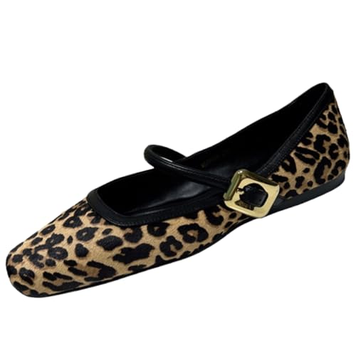 Mary Jane Ballerinas für Damen, Leopardenmuster, Wildlederimitat, Goldschnalle, klassische Ballerinas, quadratische Zehenpartie, für den täglichen Gebrauch, leopardenmuster, 35.5 EU von ZPLMIDE