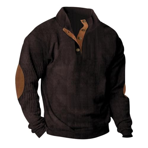 Men Button Henley Neck Corduroy Sweatshirt, Men Casual Essentials Stand Collar Corduroy Shirts Long Sleeve Pullover (Coffee,2XL) von ZPLMIDE