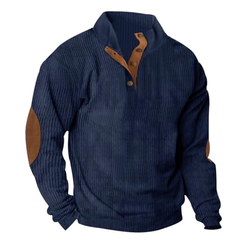 Men Button Henley Neck Corduroy Sweatshirt, Men Casual Essentials Stand Collar Corduroy Shirts Long Sleeve Pullover (Navy Blue,XL) von ZPLMIDE