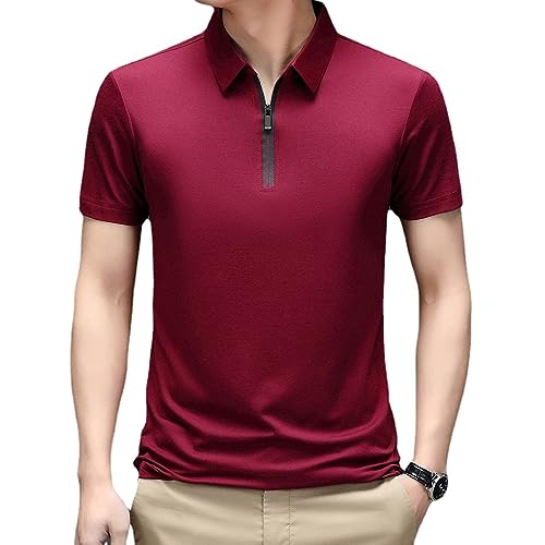 Men Ice Silk Cool Polo Shirt, Fast Dry Ice Silk Short Sleeve T-Shirts Slim Zipper Collared Solid Color Casual Golf Tops (Wine Red,3XL) von ZPLMIDE