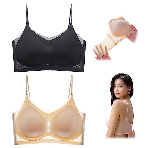 Sommer Nahtlose Ultradünne Plus Größe Eis Seide Komfort BH, Mesh Atmungsaktive Camisole Schöne Zurück Lifting BH, Haut+schwarz, M(40-50kg) von ZPLMIDE