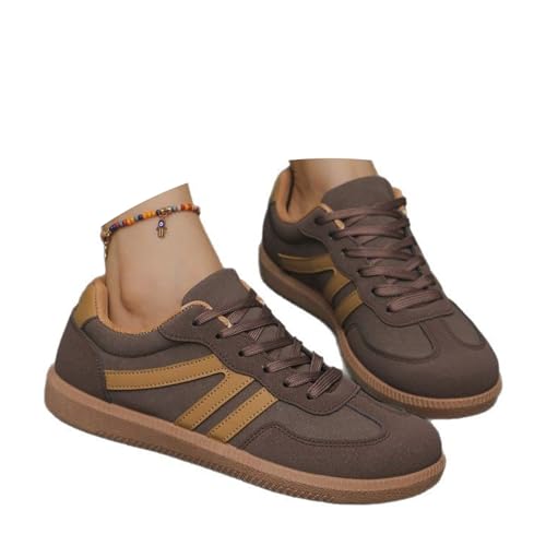 Stilvolle runde Zehenpartie rutschfeste Freizeitschuhe für Damen, modische Patchwork-Schnürung, Low-Top, lässig, flache Sneaker, trendige Tennisschuhe, coffee, 0 UK von ZPLMIDE