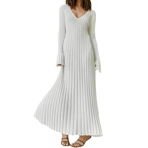 ZPLMIDE 2023 Fall New Sleeved Knit Midi Dress, Women's Ribbed Knit Maxi Dress V-Neck Slim-fit Sweater Dress Long White Bodycon (White,L) von ZPLMIDE