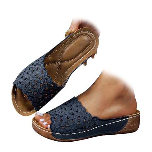 ZPLMIDE Atmungsaktive orthopädische Hausschuhe mit offener Zehenpartie für Damen, mit weicher Polsterung, Fußgewölbeunterstützung, Sommer-Keilsandalen, Cut-Out-Blumen, Pantoletten, dunkelblau, 43 EU von ZPLMIDE