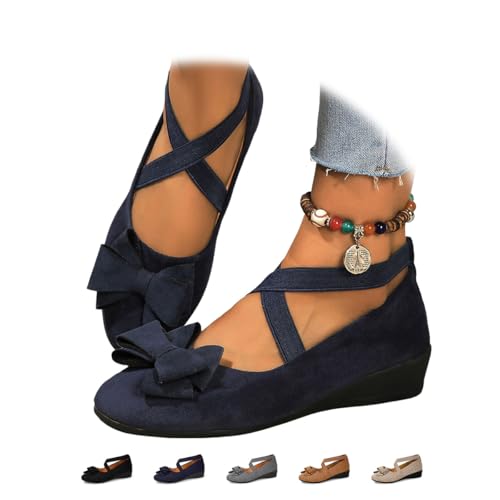 ZPLMIDE Damen-Ballettschuhe mit elastischem überkreuzten Riemen, Keilabsatz, mit Schleife, Damen-Ballerina, knöchelhoch, elastisch, überkreuzt, bequeme Pumps, blau, 0 UK von ZPLMIDE