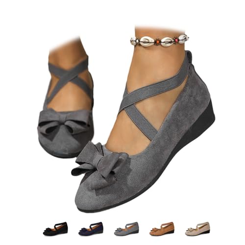 ZPLMIDE Damen-Ballettschuhe mit elastischem überkreuzten Riemen, Keilabsatz, mit Schleife, Damen-Ballerina, knöchelhoch, elastisch, überkreuzt, bequeme Pumps, grau, 0 UK von ZPLMIDE