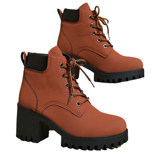 ZPLMIDE Damen Chunky Heel Schnürstiefeletten Bequeme Mode Plateau High Heel Stiefeletten Schuhe Casual Dress Short Boot, Orange, 38 EU von ZPLMIDE