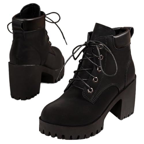 ZPLMIDE Damen Chunky Heel Schnürstiefeletten Bequeme Mode Plateau High Heel Stiefeletten Schuhe Casual Dress Short Boot, Schwarz , 40.5 EU von ZPLMIDE