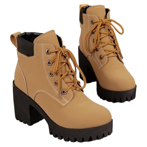 ZPLMIDE Damen Chunky Heel Schnürstiefeletten Bequeme Mode Plateau High Heel Stiefeletten Schuhe Casual Dress Short Boot, gelb, 35.5 EU von ZPLMIDE