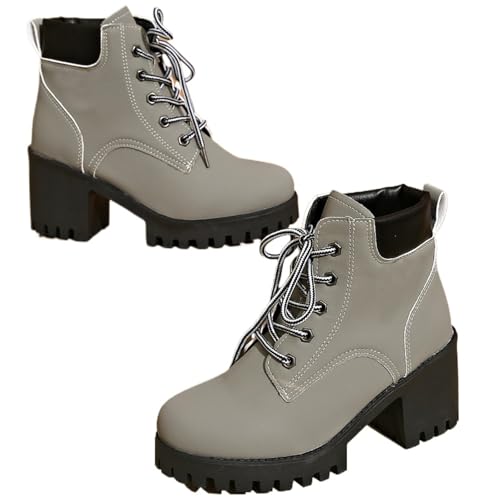 ZPLMIDE Damen Chunky Heel Schnürstiefeletten Bequeme Mode Plateau High Heel Stiefeletten Schuhe Casual Dress Short Boot, grau, 35.5 EU von ZPLMIDE