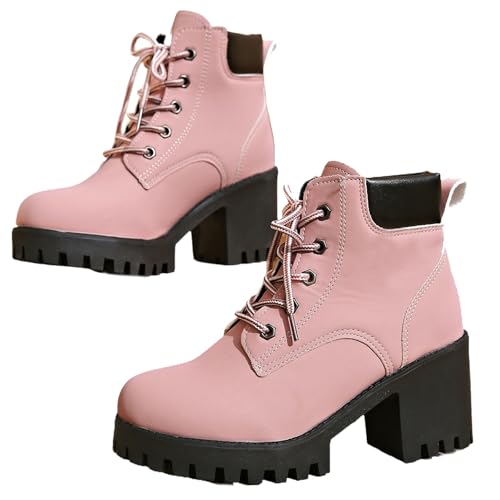 ZPLMIDE Damen Chunky Heel Schnürstiefeletten Bequeme Mode Plateau High Heel Stiefeletten Schuhe Casual Dress Short Boot, rose, 35.5 EU von ZPLMIDE