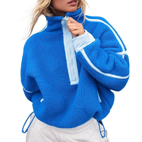 ZPLMIDE Damen-Fleece-Sweatshirt, halber Reißverschluss, Sherpa-Fleece-Pullover, langärmelig, warm, flauschig, bauchfreies Oberteil mit Tasche, blau, 38 von ZPLMIDE