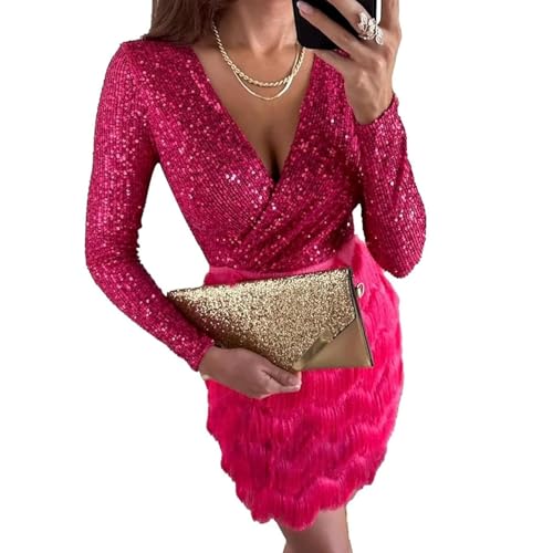 ZPLMIDE Damen Pailletten Patchwork Layered Fransen Minikleid Paillettenkleider Frauen V-Ausschnitt Plüsch Patchwork Paillettenkleid Dünnes Elegantes Partykleid, rose, S von ZPLMIDE