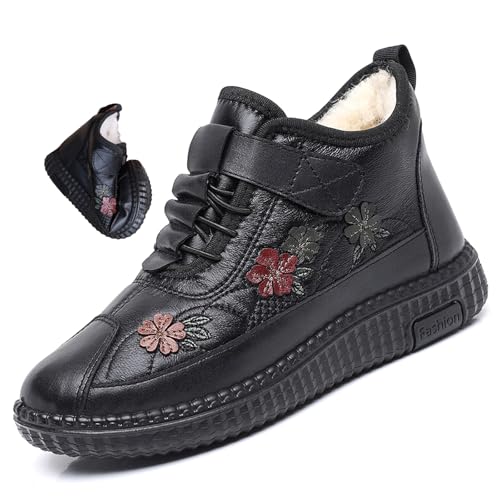 ZPLMIDE Damen Plüsch Warme rutschfeste Baumwolle Winterstiefel Fleece Gefüttert Wasserdicht Knöchel Schneestiefel Komfort Slip-On Weite Passform Walkingschuhe, Schwarz , 0 UK von ZPLMIDE
