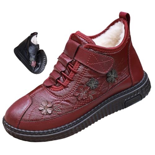 ZPLMIDE Damen Plüsch Warme rutschfeste Baumwolle Winterstiefel Fleece Gefüttert Wasserdicht Knöchel Schneestiefel Komfort Slip-On Weite Passform Walkingschuhe, burgunderfarben, 0 UK von ZPLMIDE