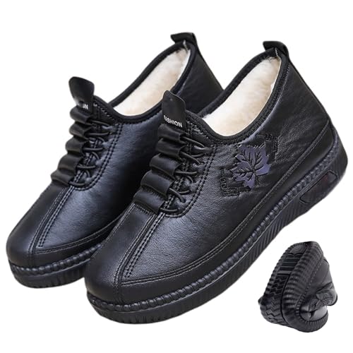 ZPLMIDE Damen Plüsch Warme rutschfeste Baumwolle Winterstiefel Fleece Gefüttert Wasserdicht Knöchel Schneestiefel Schlupfstiefel Weite Passform Walkingschuhe, Schwarz , 0 UK von ZPLMIDE