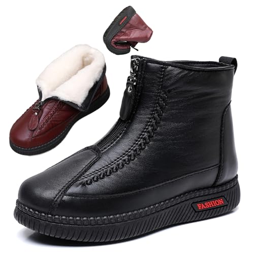 ZPLMIDE Damen Plüsch Warme rutschfeste Winterstiefel Fleece Gefüttert Wasserdicht Knöchel Schneestiefel Komfort Slip-On Weite Passform Walkingschuhe, Schwarz , 0 UK von ZPLMIDE