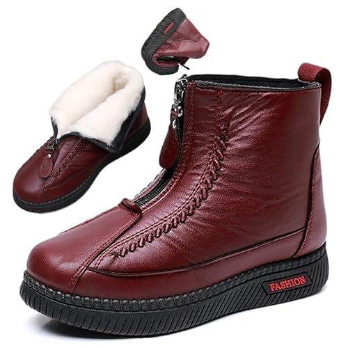 ZPLMIDE Damen Plüsch Warme rutschfeste Winterstiefel Fleece Gefüttert Wasserdicht Knöchel Schneestiefel Komfort Slip-On Weite Passform Walkingschuhe, burgunderfarben, 0 UK von ZPLMIDE