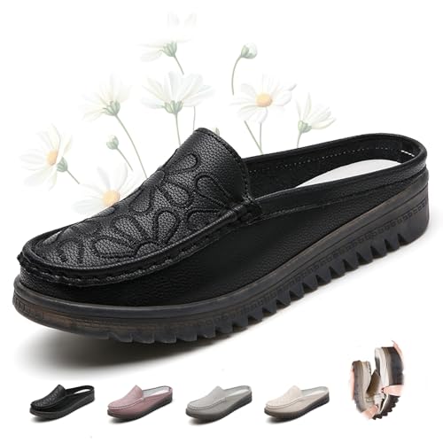 ZPLMIDE Damen Slip-On Leder Pantoletten PU Leder Clogs für Frauen Slip-on Weiche Leder Slipper Mokassins Damen Rückenfrei Loafer, Schwarz , 0 UK von ZPLMIDE